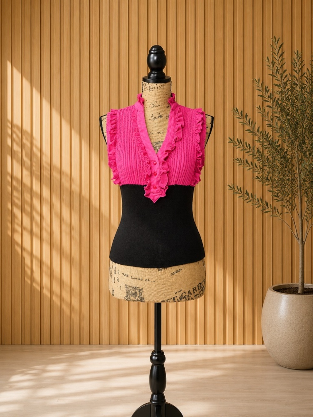 Chic Pink & Black Ruffle Knit Top | Size M-L